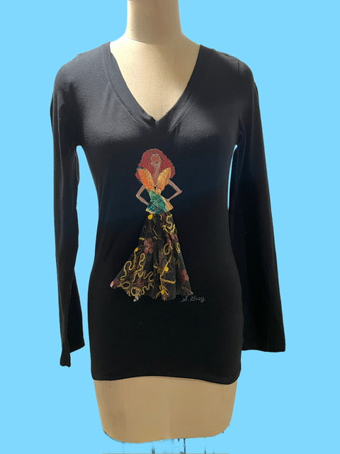 Graffiti Curls long sleeve V neck Tee