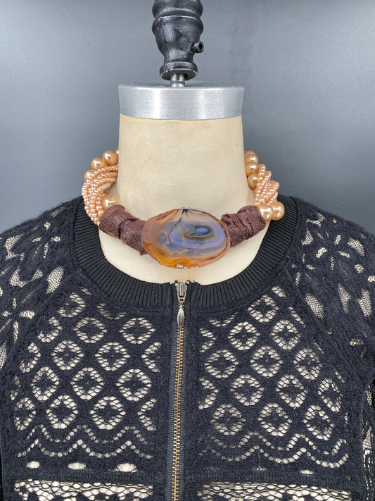 Peach Pearl faux leather mix necklace