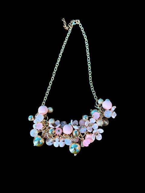 Pink pearl and Pedal Cluster Necklace