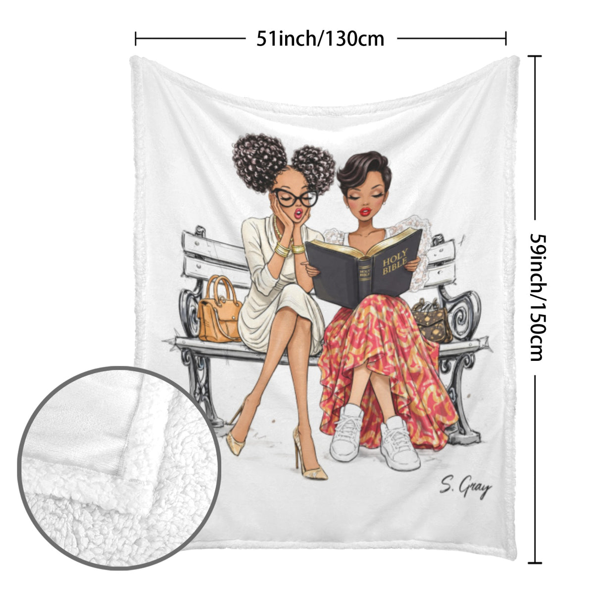 A white fleece throw blanket with a printed illustration of two Black women sitting on a bench and reading a book, shown with dimension lines indicating 51x59 inches. A circular inset in the lower left shows the soft white sherpa texture.
